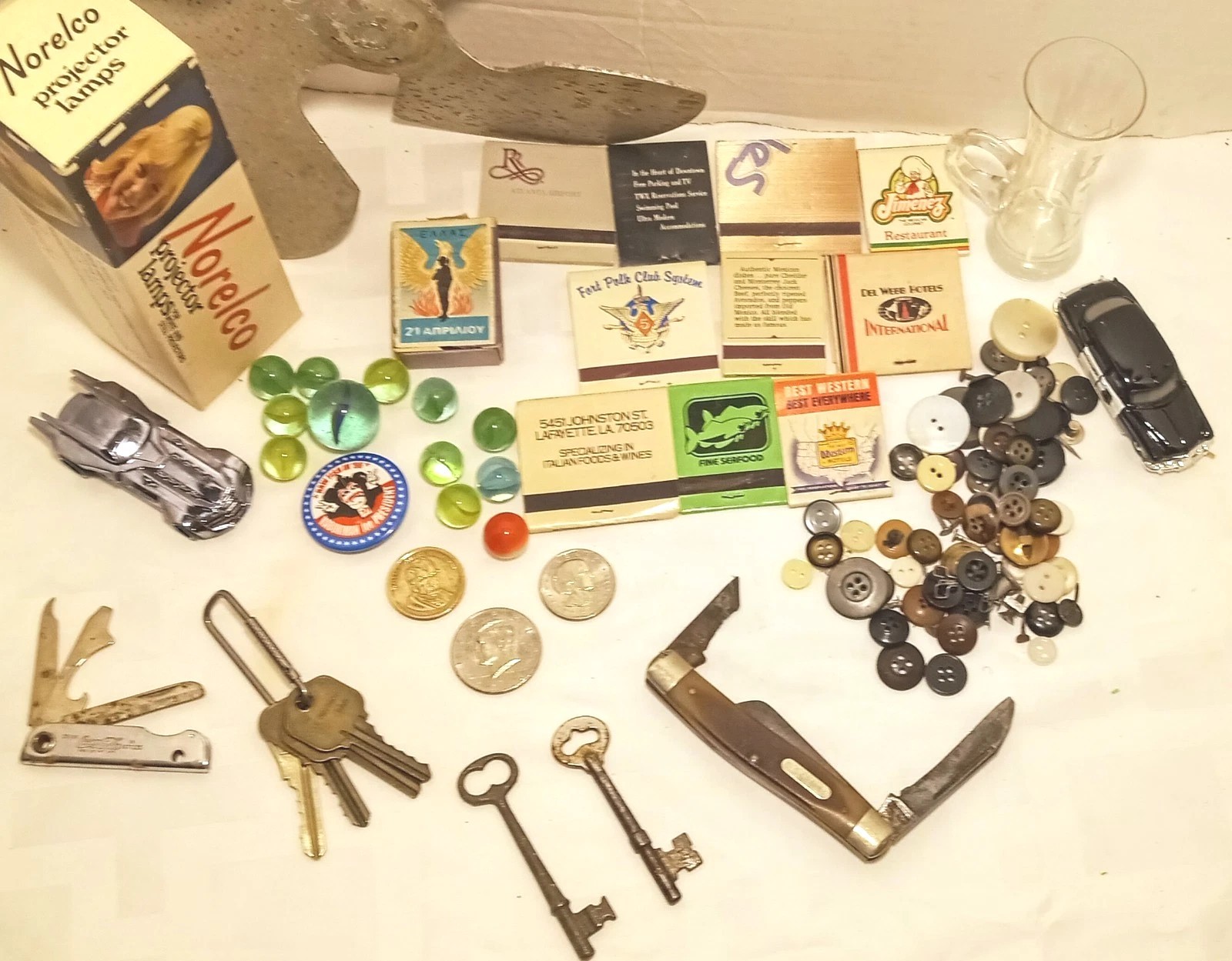 50++ Items Vintage Junk Drawer Lot Skeleton Key Marbles Old Knife USA COINS