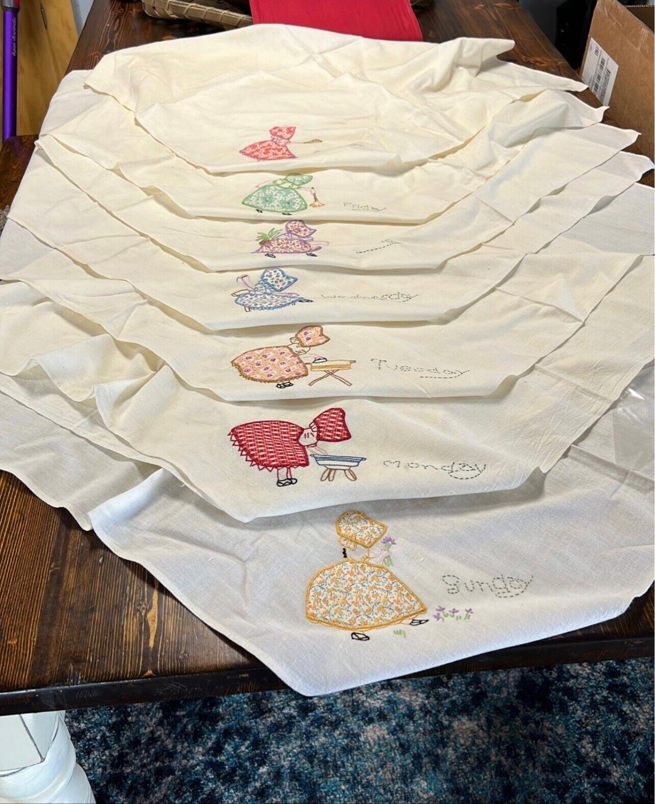 Complete Girl Days of the Week Embroidered Linens (7) 30” x35”