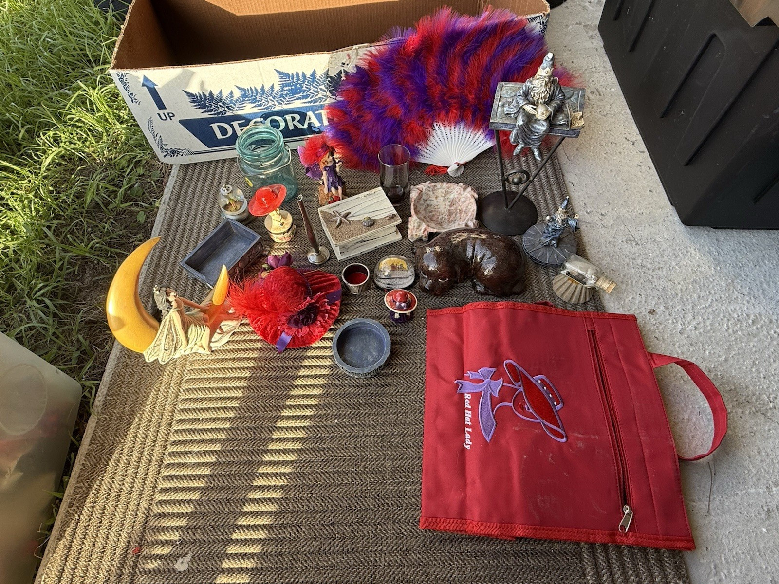 Mixed Collectibles Lot w/ Figurines, Glassware, Fans, Decor & Red Hat Bag