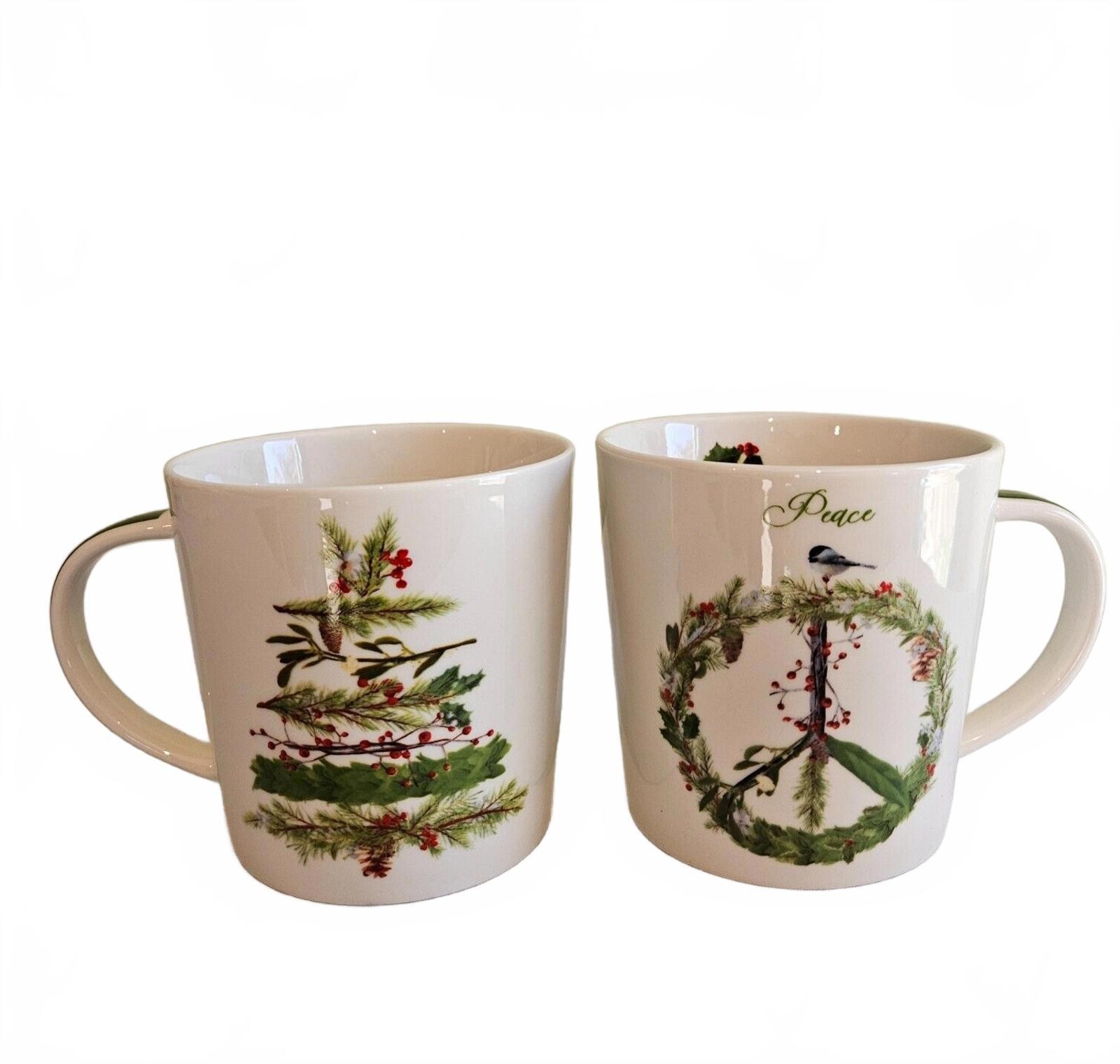 Set of 2 Christmas Mugs Tree Peace Scott Church Bone China Holidays Wreath Bird