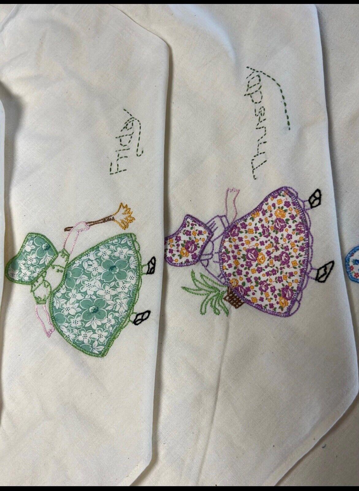 Complete Girl Days of the Week Embroidered Linens (7) 30” x35”