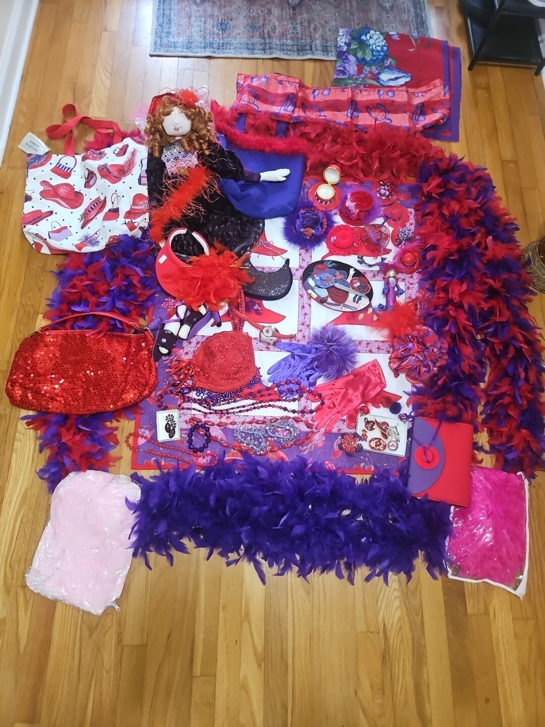 Huge Lot Red Hat Society Jewellry Pins Ornaments Feather Boas Handbags Doll