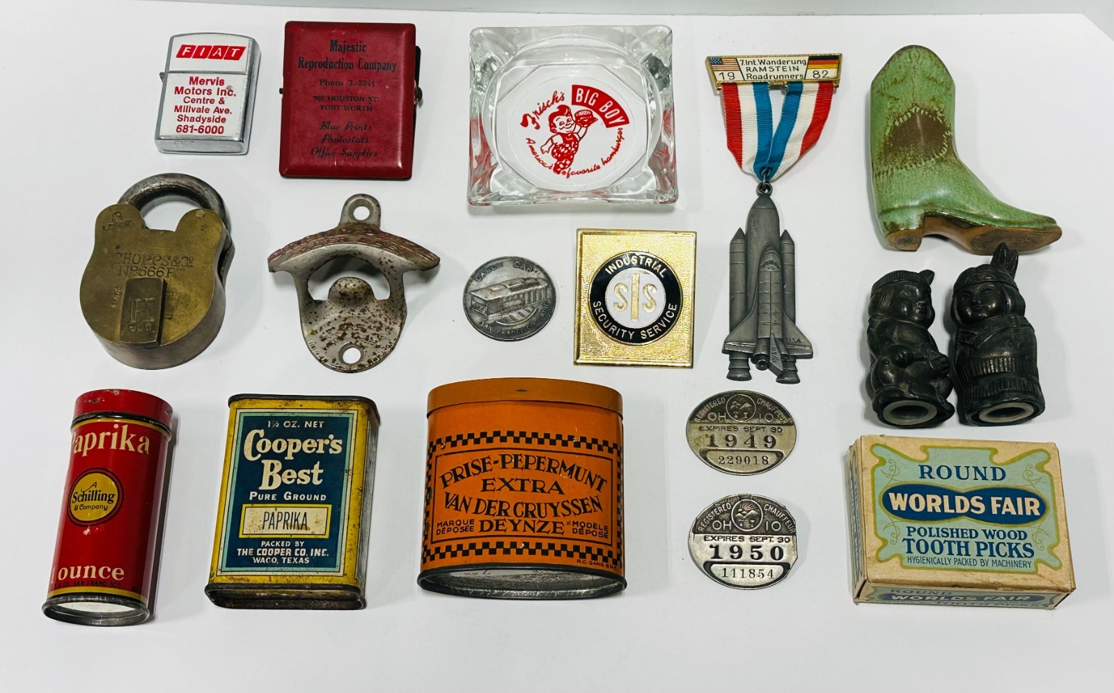 Vtg Junk Drawer Advertising lot lighter spice tins ashtray clip bottle opener