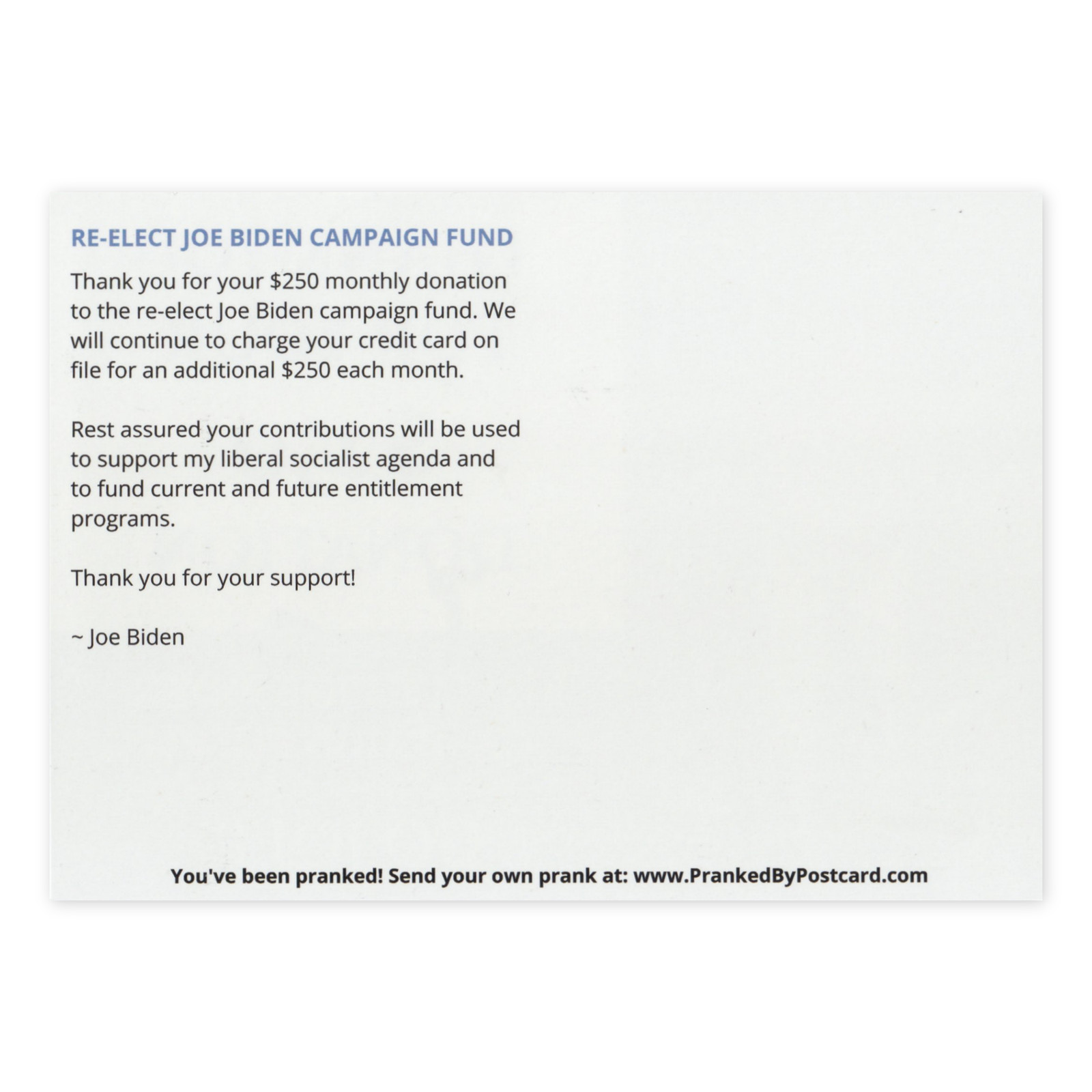 (25-Pack) Prank Postcards – Joe Biden Donation – Send Them To Victims Yourself